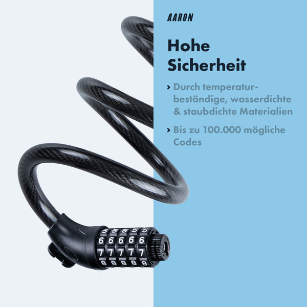 AARON Spin Fahrradschloss - mit Zahlencode - 180 cm aus wetterbeständigem Material mit bis zu 100.000 Codes.