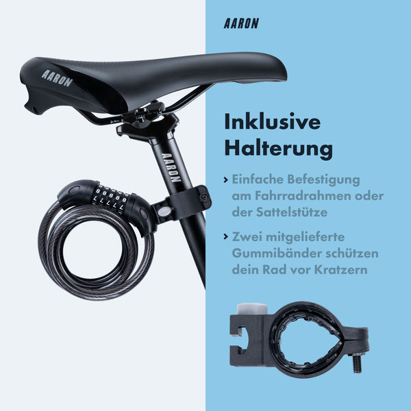 AARON Spin Fahrradschloss - mit Zahlencode - 180 cm mit Halterung zur Befestigung am Fahrradrahmen oder Sattelstütze.