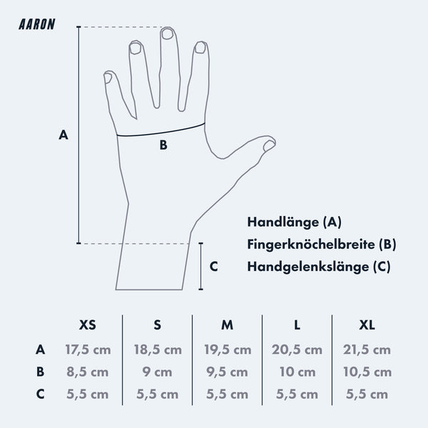 AARON Gloves Fahrradhandschuhe - Größentabelle mit Handlänge, Fingerknöchelbreite und Handgelenkslänge für alle Größen.