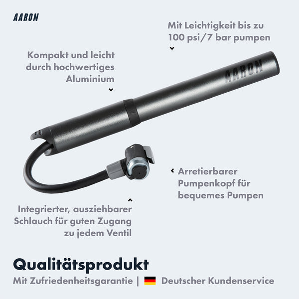 AARON Pocket One - Mini Fahrrad Pumpe - Grau, kompakt, Aluminium, bis 7 Bar, ausziehbarer Schlauch, arretierbarer Pumpenkopf.