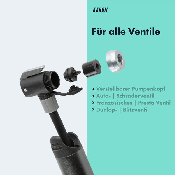 AARON Pocket One - Mini Fahrrad Pumpe Grau mit verstellbarem Pumpenkopf für alle Ventile wie Presta, Schrader, Dunlop.