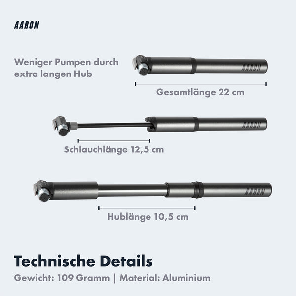 AARON Pocket One Mini Fahrrad Pumpe Grau mit 22 cm Länge, 12,5 cm Schlauch und 10,5 cm Hub aus Aluminium.