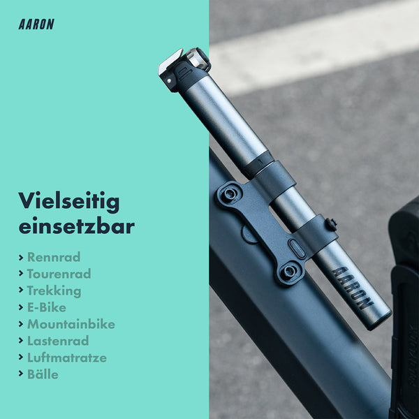 AARON Pocket One - Mini Fahrrad Pumpe - Grau am Fahrradrahmen montiert, kompakt und vielseitig einsetzbar.