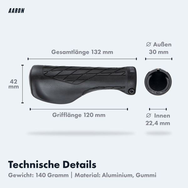 AARON Comfy Fahrradgriffe - Ergonomisch - Schwarz mit Maßen 132 mm Länge und rutschfester Gummioberfläche.