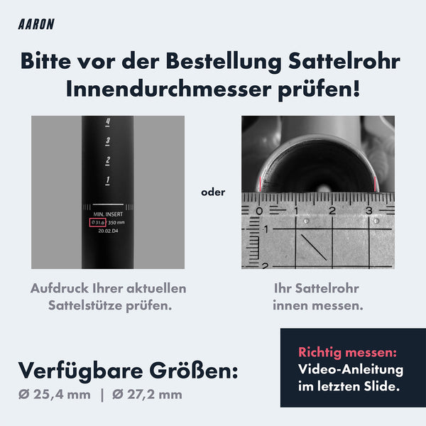 AARON Tube Sattelstütze 25,4 oder 27,2 mm mit Skala zur richtigen Montage und Innenmaßprüfung des Sattelrohrs schwarz 350 mm Länge