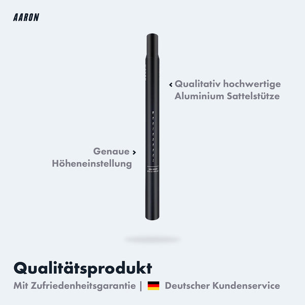 AARON Tube Sattelstütze 25,4 oder 27,2 mm, 350 mm Länge, schwarz, aus hochwertigem Aluminium, mit genauer Höheneinstellung.