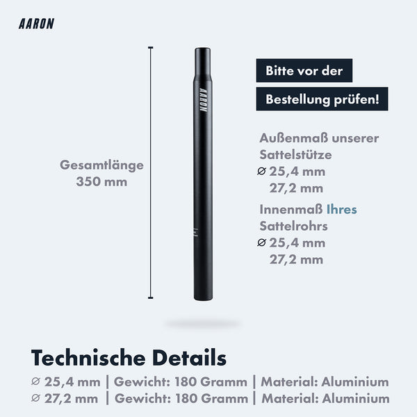 AARON Tube Sattelstütze schwarz, 25,4 oder 27,2 mm Durchmesser, 350 mm Länge, aus langlebigem Aluminium.