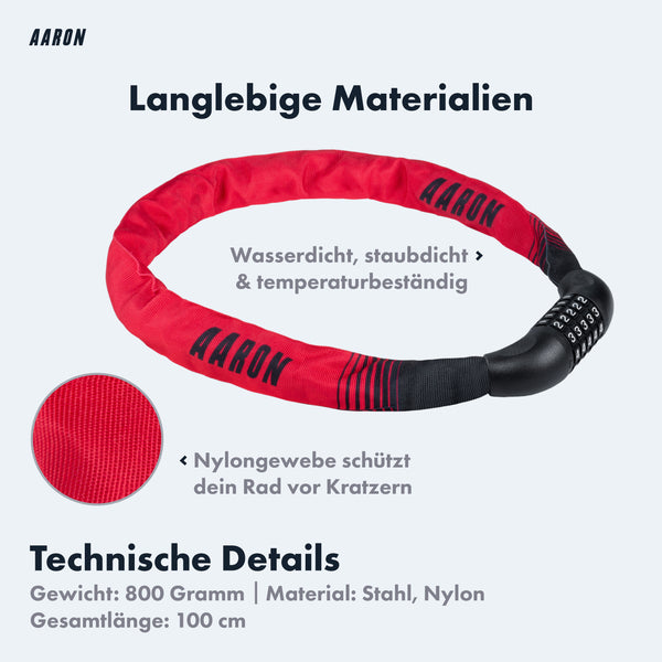 AARON Lock One Fahrradschloss mit Zahlencode - Rot, langlebig, wetterfest, Nylongewebe schützt vor Kratzern, 100 cm lang