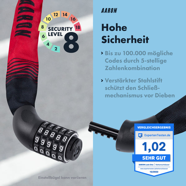 AARON Lock One Fahrradschloss mit Zahlencode in Rot, 5-stellige Kombination, maximale Sicherheit, 100 cm lang.