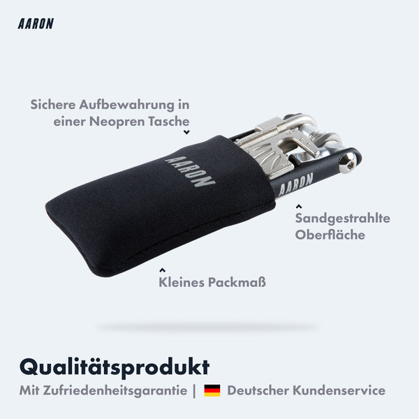 AARON Tool 20 in 1 Multitool in schwarzer Neopren-Tasche mit sandgestrahlter Oberfläche und kleinem Packmaß für Fahrrad.