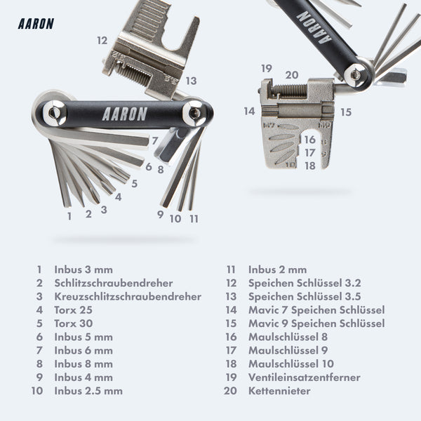 AARON Tool 20 in 1 Multitool Fahrrad Multifunktionswerkzeug schwarz mit zahlreichen Inbus- und Speichenschlüsseln.