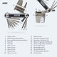 AARON Tool 20 in 1 Multitool Fahrrad Multifunktionswerkzeug schwarz mit zahlreichen Inbus- und Speichenschlüsseln.