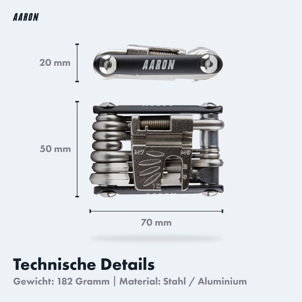 AARON Tool 20 in 1 Multitool - Fahrrad Multifunktionswerkzeug in Schwarz mit Maßen und technischen Details