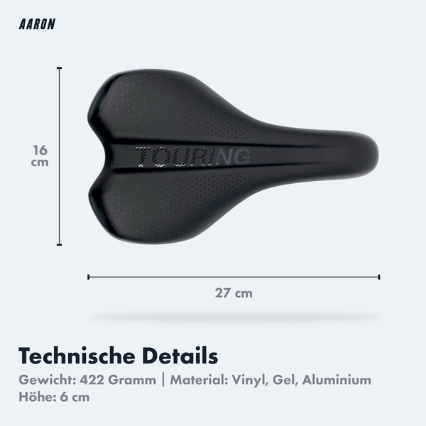 AARON Touring Fahrradsattel in Schwarz mit Maßen 27x16 cm, für MTB, City und Trekking, Damen und Herren.