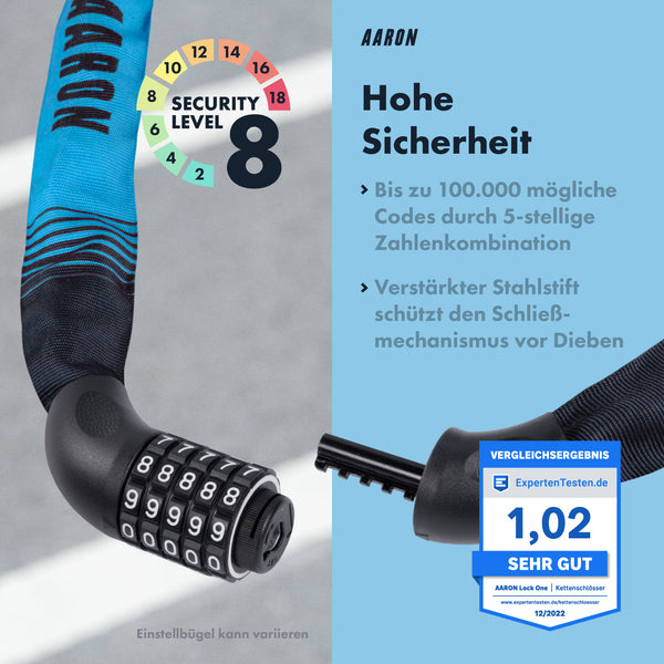 AARON Lock One Fahrradschloss mit Zahlencode - blau, 5-stellige Zahlenkombination, hohe Sicherheit, gehärteter Stahl, flexible Stoffhülle.