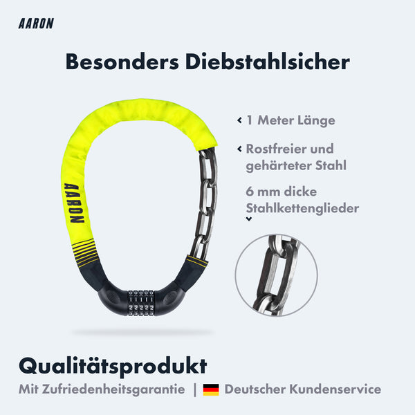 AARON Lock One Fahrradschloss mit Zahlencode Gelb, 100 cm lang, gehärteter Stahl, besonders diebstahlsicher.