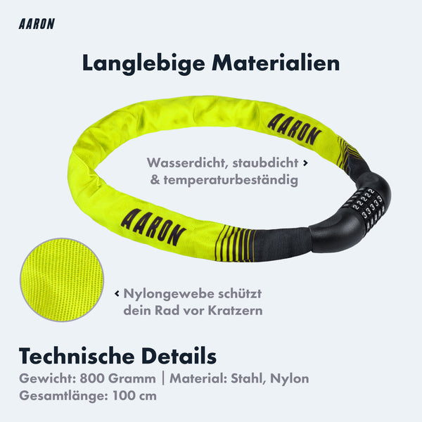 AARON Lock One Fahrradschloss mit Zahlencode Gelb, 100 cm lang, aus robustem Stahl und Nylon mit kratzschutzender Hülle.