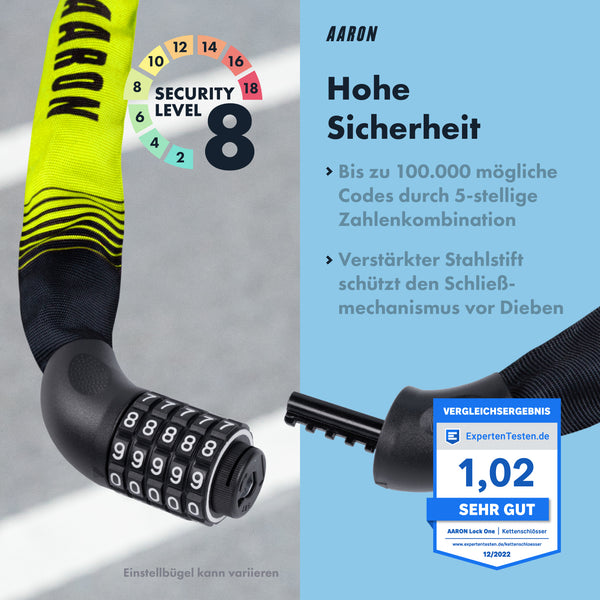 AARON Lock One Fahrradschloss mit Zahlencode Gelb 100 cm lang, 5-stellige Kombination, hohe Sicherheit Stahlschloss