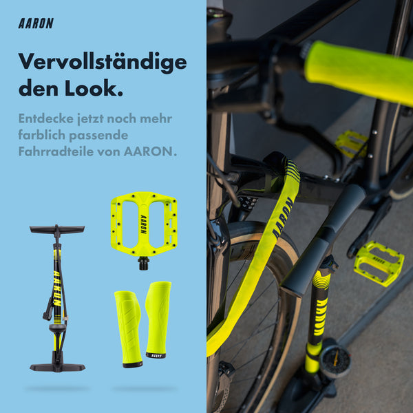 AARON Lock One Fahrradschloss mit Zahlencode - Gelb in Werbebild mit gelbem Fahrradzubehör am Fahrrad