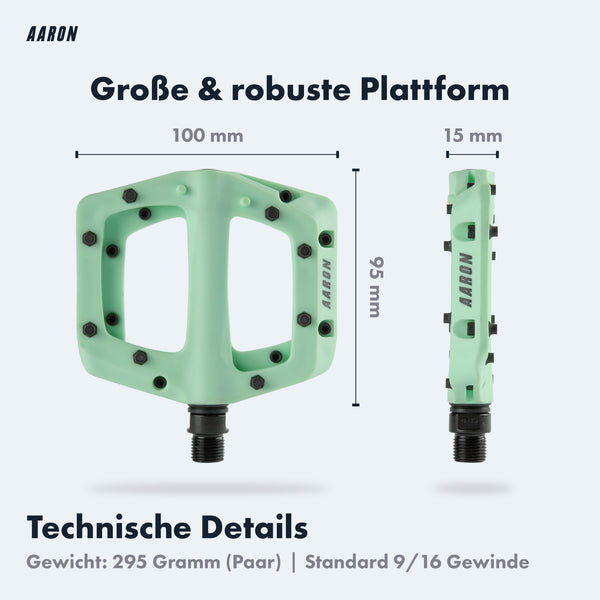 AARON Dirt MTB Fahrradpedale - Mint mit großer, robuster Plattform und 8 austauschbaren Pins für sicheren Halt.