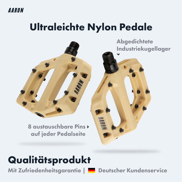 AARON Dirt MTB Fahrradpedale - Beige aus ultraleichtem Nylon mit 8 austauschbaren Pins und Industrielagern.