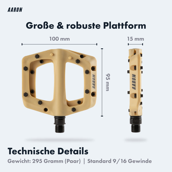 AARON Dirt MTB Fahrradpedale - Beige mit großer robuster Plattform und verschleißfester CroMo-Achse, Maße 100x95x15 mm.