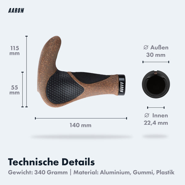 AARON Horn Fahrradgriffe - Kork - B-WARE als Maßgrafik mit 140 mm Länge und 115 mm Höhe sowie 30 mm Außendurchmesser