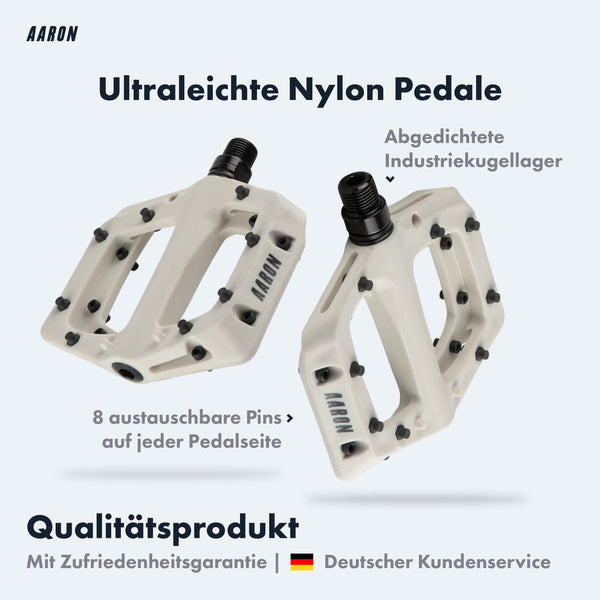 AARON Dirt MTB Fahrrad Pedale - Weiß mit Nylon, 8 Pins, Industrielagern und langlebiger CroMo-Achse für MTB und Downhill.