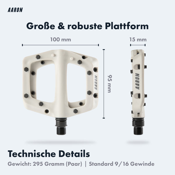 AARON Dirt MTB Fahrrad Pedale - Weiß mit großer, robuster Plattform und austauschbaren Pins für sicheren Halt.