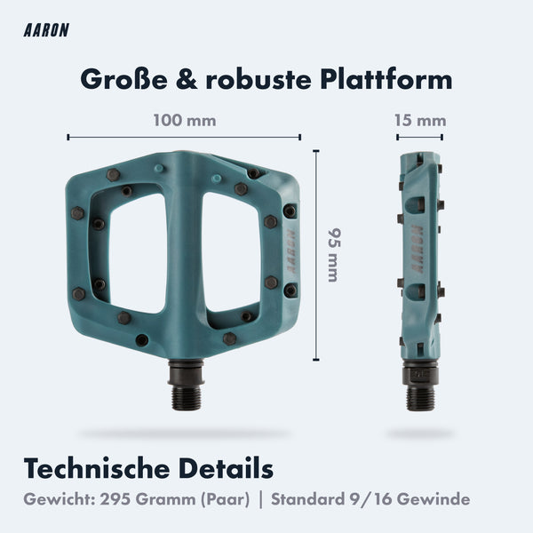 AARON Dirt MTB Fahrradpedale - Blau mit großer, robuster Plattform und 8 austauschbaren Pins für sicheren Halt.