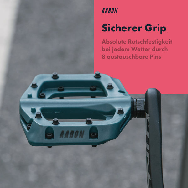 AARON Dirt MTB Fahrradpedale - Blau mit sicherem Grip und 8 austauschbaren Pins für Rutschfestigkeit bei jedem Wetter.