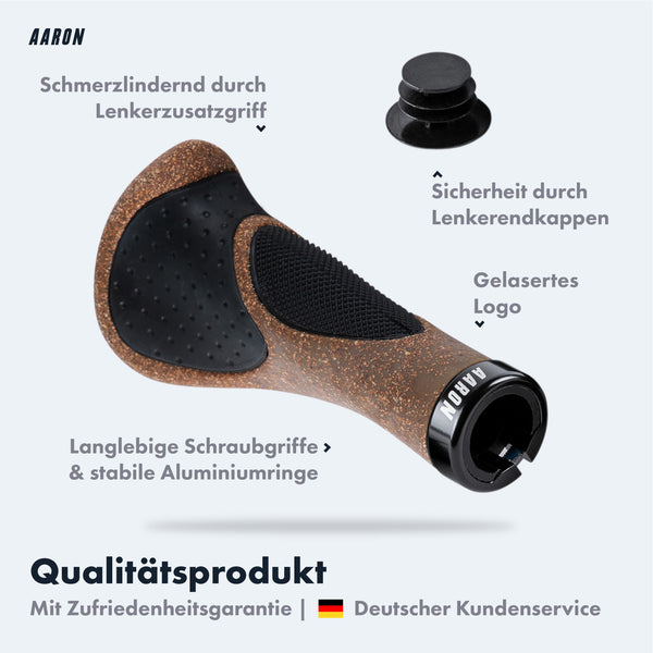 AARON Ergonomic Fahrradgriffe - Kork - B-WARE mit Lenkerzusatzgriff und Lenkerendkappen