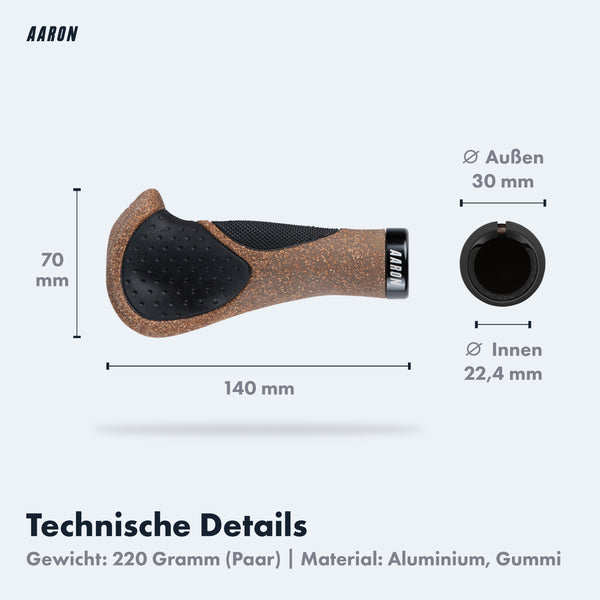 AARON Ergonomic Fahrradgriffe - Kork - B-WARE als Maßdiagramm mit 140 mm Länge und 70 mm Höhe