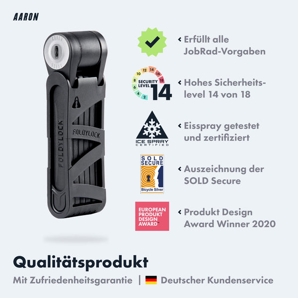 AARON Faltschloss 85cm Fahrradsicherung mit Sicherheitsstufe 14, wetterfest, preisgekröntes Design, inklusive Halterung und Schlüssel.
