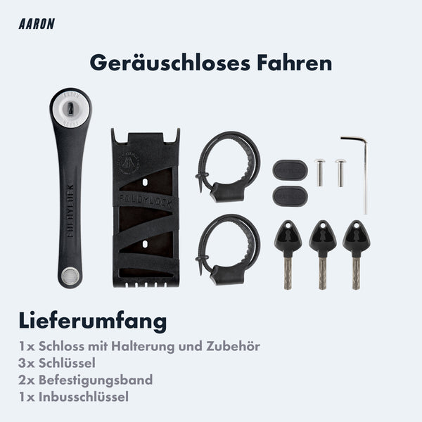 AARON Faltschloss 85cm mit Halterung, 3 Schlüsseln, 2 Befestigungsbändern und Inbusschlüssel für geräuschloses Fahren.