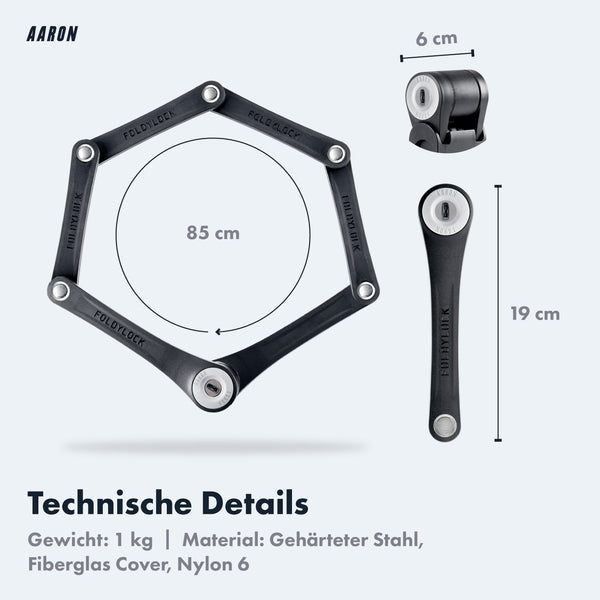 AARON Faltschloss 85cm schwarz mit gehärtetem Stahl, 1 kg Gewicht und Sicherheitsstufe 14 für Fahrrad und Roller.