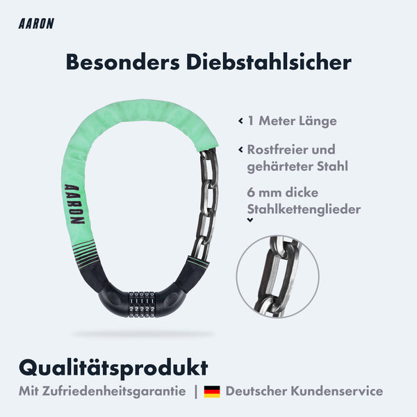 AARON Lock One Fahrradschloss mit Zahlencode Mintgrün, 1 m Stahlkettenschloss, besonders diebstahlsicher.