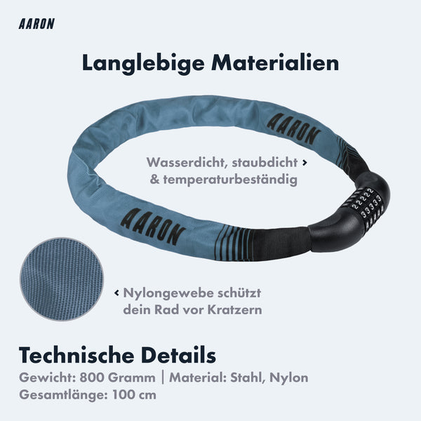 AARON Lock One Fahrradschloss mit Zahlencode Grau Blau aus langlebigem Stahl und Nylon, wasser- und staubdicht, 100 cm lang.