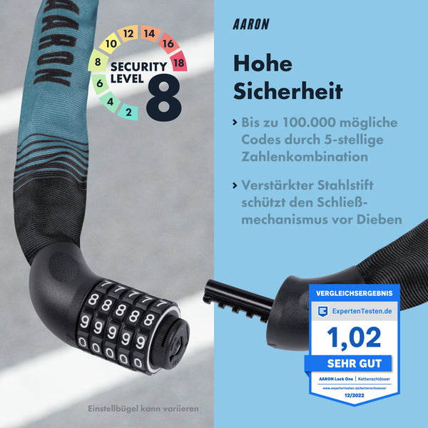 AARON Lock One Fahrradschloss mit Zahlencode Grau Blau mit 5-stelligem Zahlenschloss und hoher Sicherheitsschutz Level 8