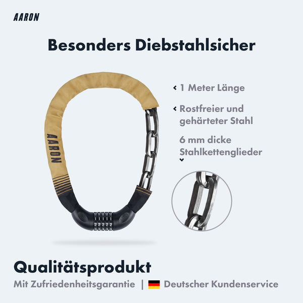 AARON Lock One Fahrradschloss mit Zahlencode Beige, 1 Meter lang, rostfrei, gehärteter Stahl, 6 mm Kettenglieder