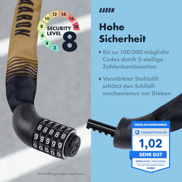 AARON Lock One Fahrradschloss mit Zahlencode beige, 5-stellige Kombination, hohe Sicherheit, Stahl- und Nylonmaterial, 100 cm lang.