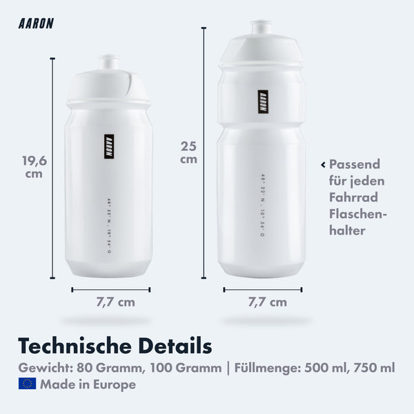 AARON ECO Fahrrad Trinkflasche weiß in 500 ml und 750 ml, biologisch abbaubar, BPA-frei, passend für Fahrrad Flaschenhalter.