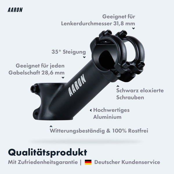 AARON Stem Fahrrad Lenkervorbau mit 35° Winkel aus hochwertigem Aluminium, rostfrei, passend für 31,8 mm Lenker.