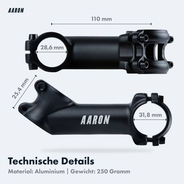 AARON Stem Fahrrad Lenkervorbau mit 35° Winkel aus Aluminium, 250 Gramm, Maße 110 mm Länge und 28,6 mm Durchmesser.