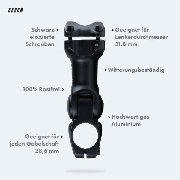 AARON Stem Flex Fahrrad Vorbau - Verstellbar, hochwertiges Aluminium, geeignet für Lenker 31,8 mm und Gabelschaft 28,6 mm