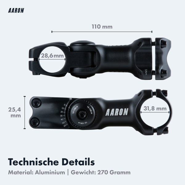 AARON Stem Flex Fahrrad Vorbau - Verstellbar aus Aluminium mit 31,8 mm Lenkerdurchmesser und 28,6 mm Gabelschaft.