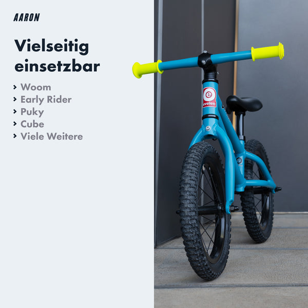 AARON KIDO Fahrradgriff für Kinder - Gelb an blauem Laufrad, sicherer und rutschfester Halt für Kinder.