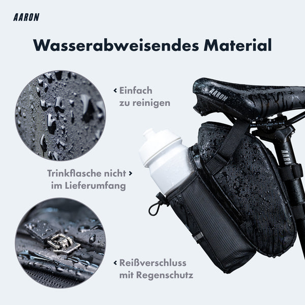 AARON Fahrrad Satteltasche schwarz mit Flaschenhalter wasserabweisend und Reißverschluss mit Regenschutz am Fahrrad montiert