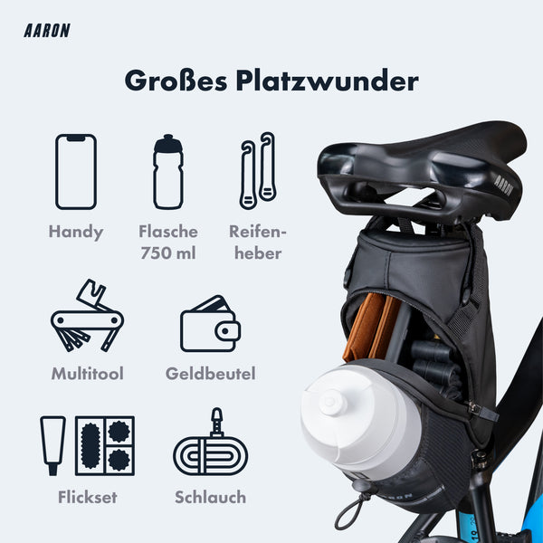 AARON Fahrrad Satteltasche Schwarz mit großem Stauraum, Flaschenhalter und Reflektor für sicheres Radfahren.