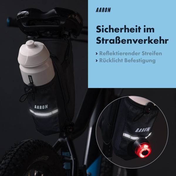 AARON Fahrrad Satteltasche Schwarz mit Flaschenhalter, Reflektor und Rücklicht für mehr Sicherheit im Straßenverkehr